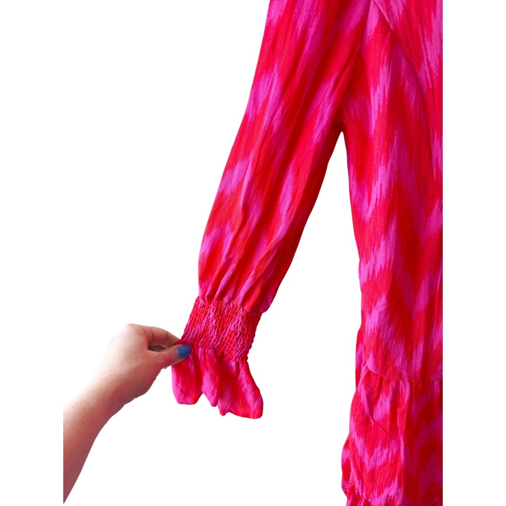 Pomander Place Pink Red Ikat Kenzo Tiered Mini Dress Smocked Cuff Womens M - Picture 6 of 7